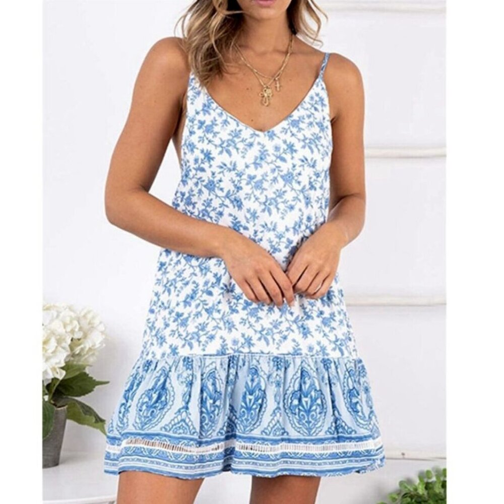 Shareen Collections Shift Dress Sz S Multi Print Spaghetti Straps Stretch Ruffle